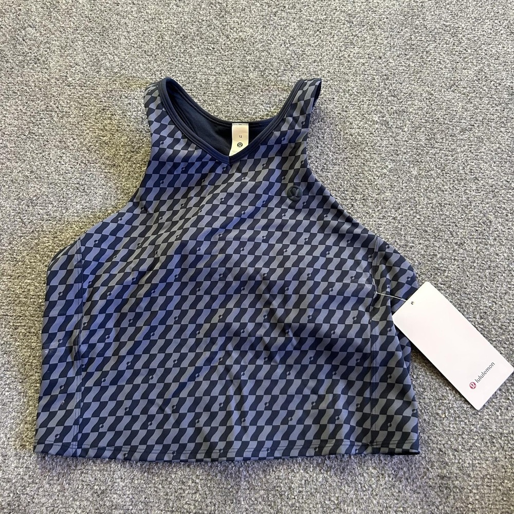 Lululemon Tennis Tank Top Womens 12 Blue Cropped V-Neck Built In Bra Racerback